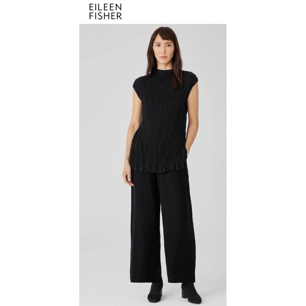 NWOT Eileen Fisher Crushed Cupro Funnel Neck‎ Tunic Sleeveless Black Top Women M